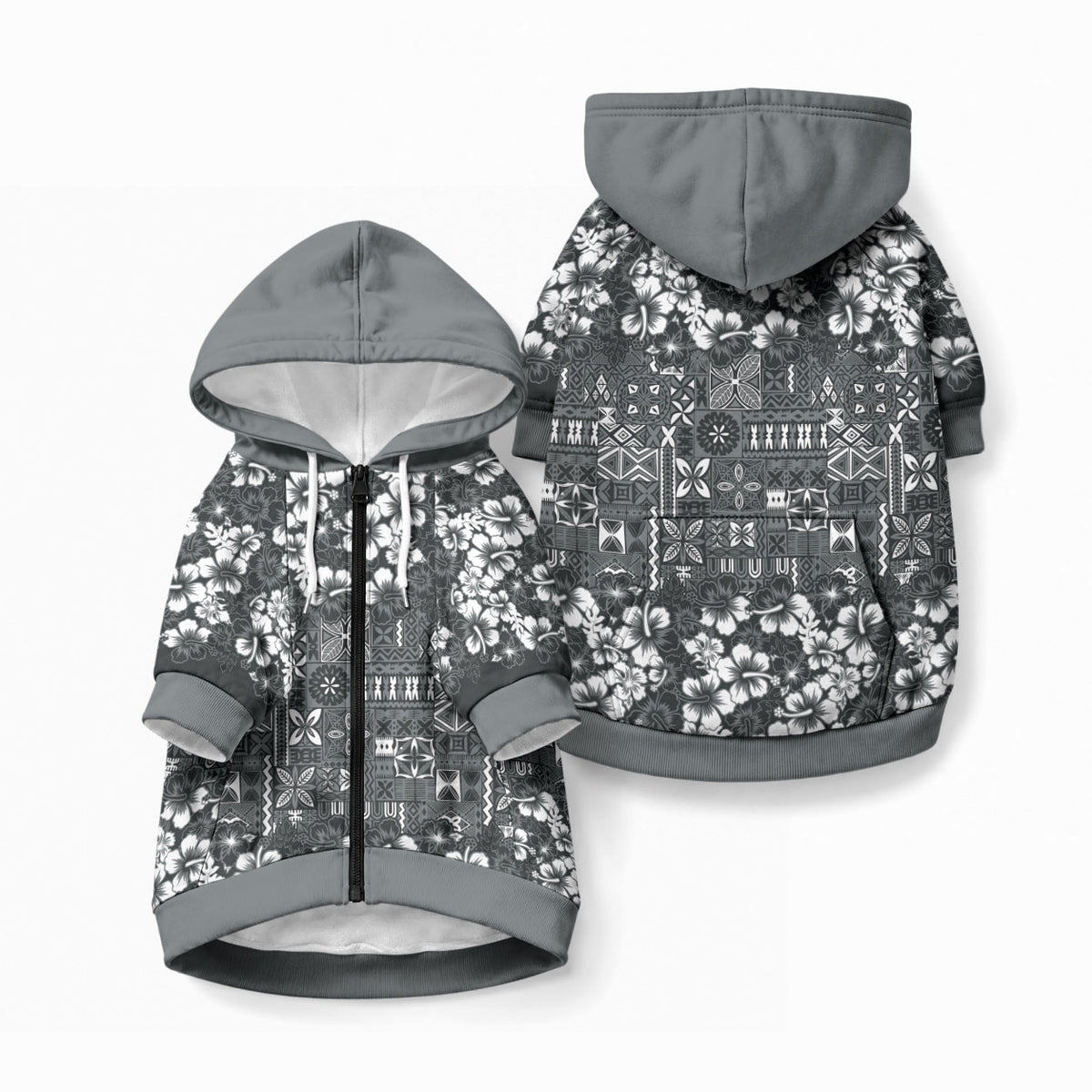 Black Hawaiian Tapa Tribal Hibiscus Pet Hoodie LT9 Zip-up Black - Polynesian Pride