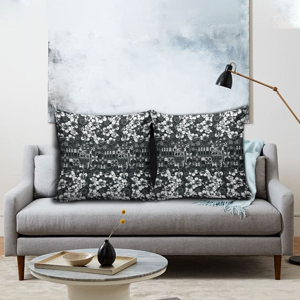 Black Hawaiian Tapa Tribal Hibiscus Pillow Cover