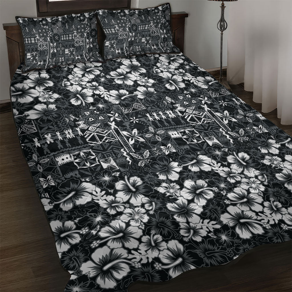 Black Hawaiian Tapa Tribal Hibiscus Quilt Bed Set