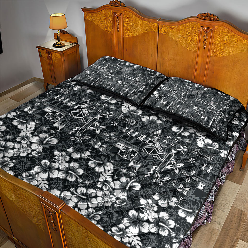 Black Hawaiian Tapa Tribal Hibiscus Quilt Bed Set
