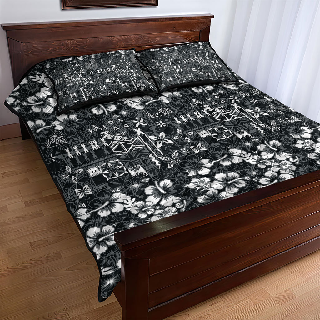 Black Hawaiian Tapa Tribal Hibiscus Quilt Bed Set