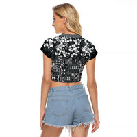 Black Hawaiian Tapa Tribal Hibiscus Raglan Cropped T Shirt