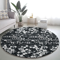 Black Hawaiian Tapa Tribal Hibiscus Round Carpet