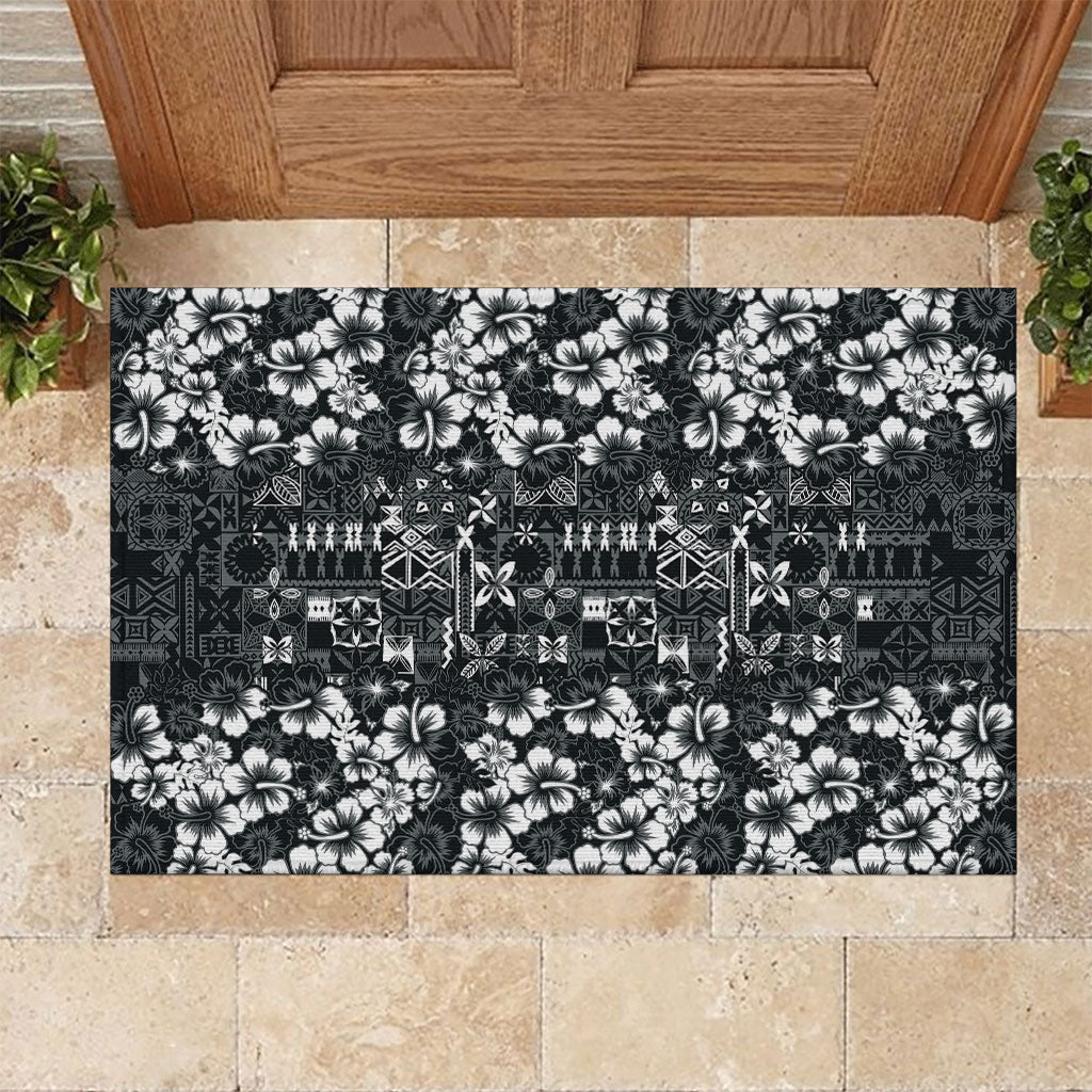 Black Hawaiian Tapa Tribal Hibiscus Rubber Doormat