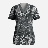 Black Hawaiian Tapa Tribal Hibiscus Scrub Top
