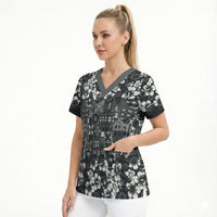 Black Hawaiian Tapa Tribal Hibiscus Scrub Top