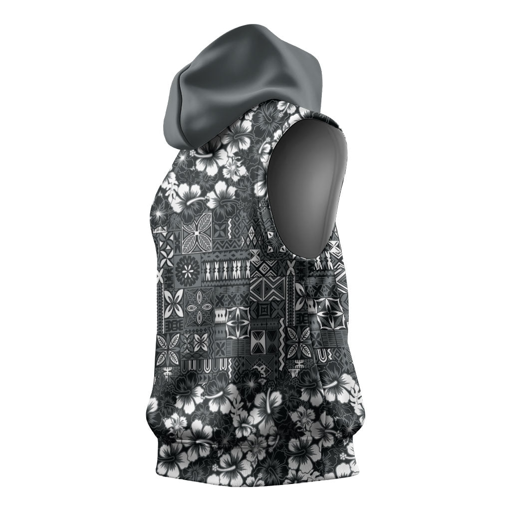 Black Hawaiian Tapa Tribal Hibiscus Sleeveless Hoodie