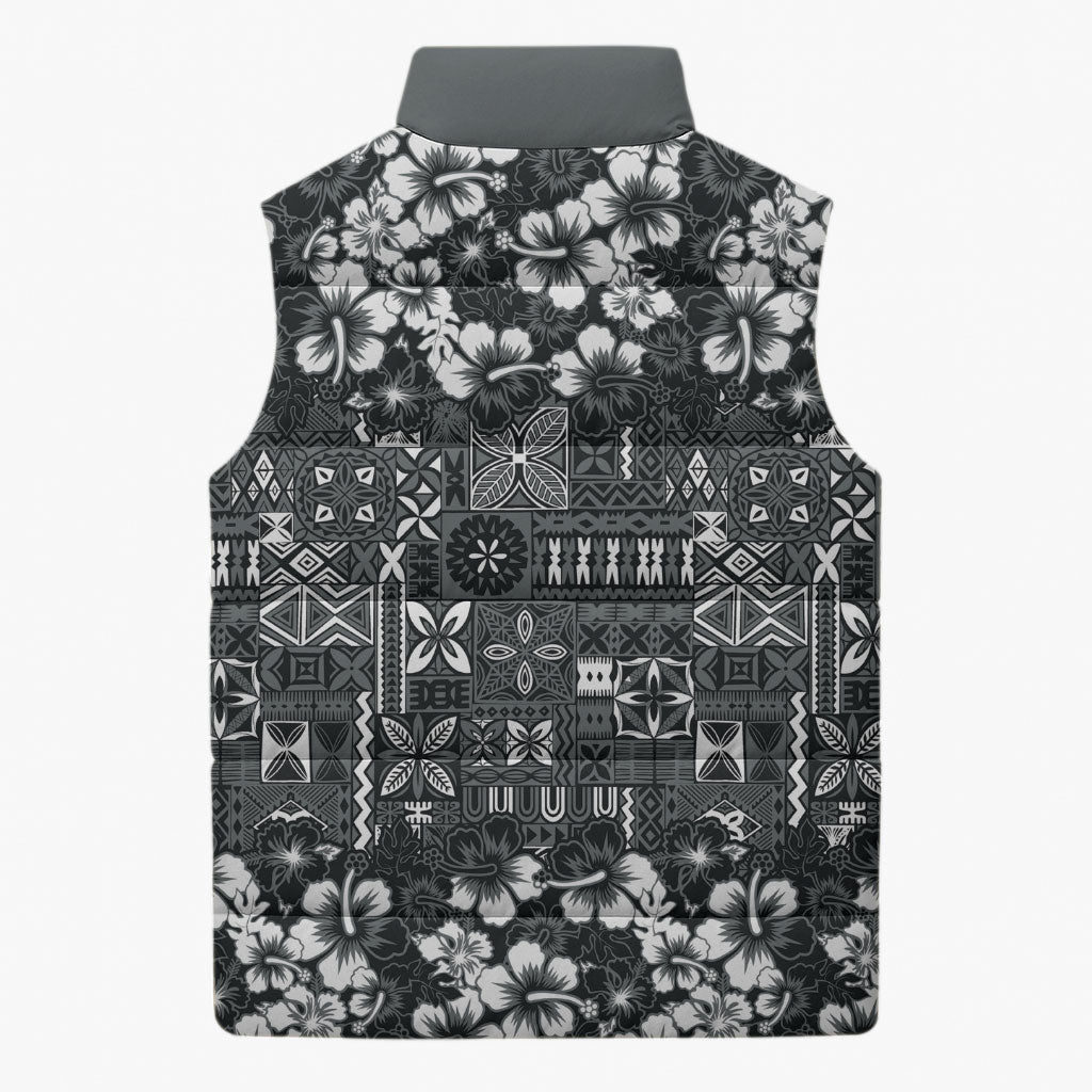 Black Hawaiian Tapa Tribal Hibiscus Sleeveless Puffer Jacket