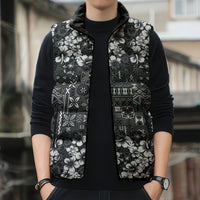 Black Hawaiian Tapa Tribal Hibiscus Sleeveless Puffer Jacket