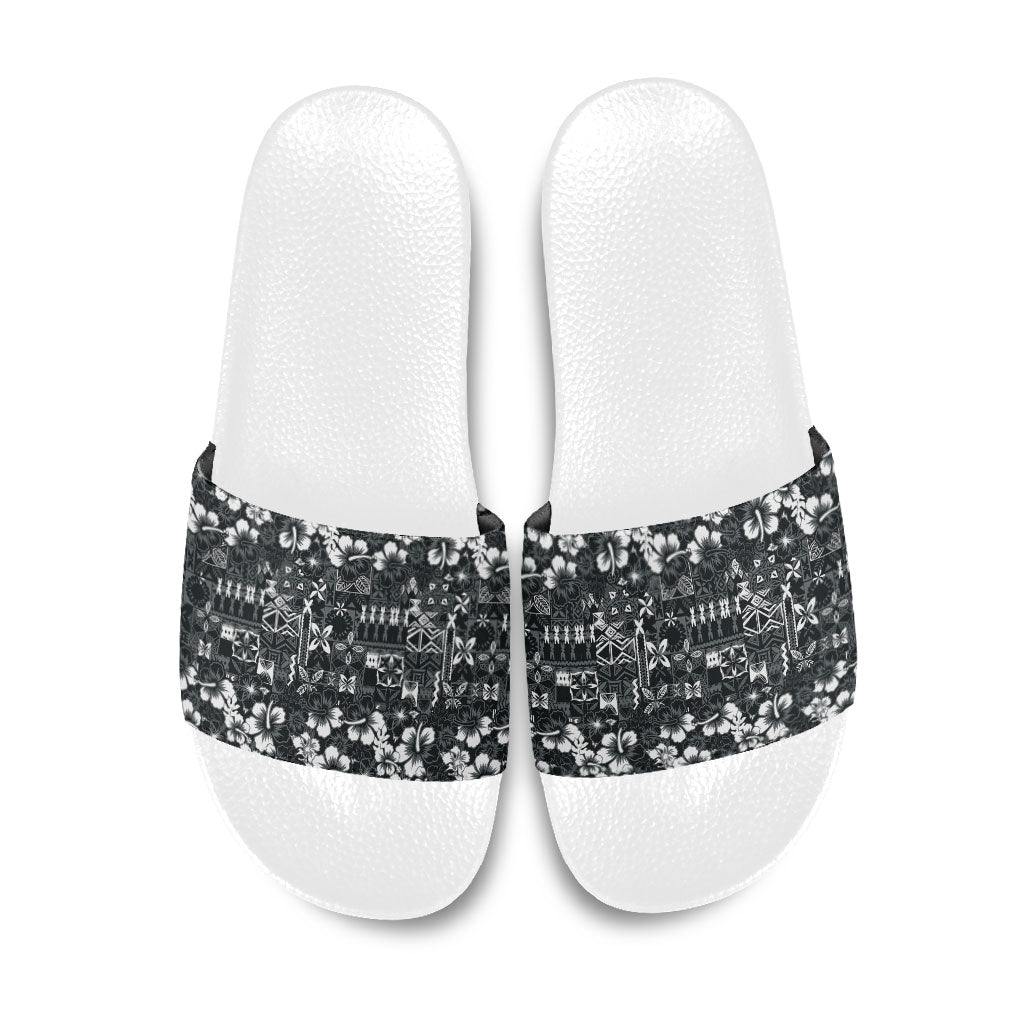 Black Hawaiian Tapa Tribal Hibiscus Slide Sandals