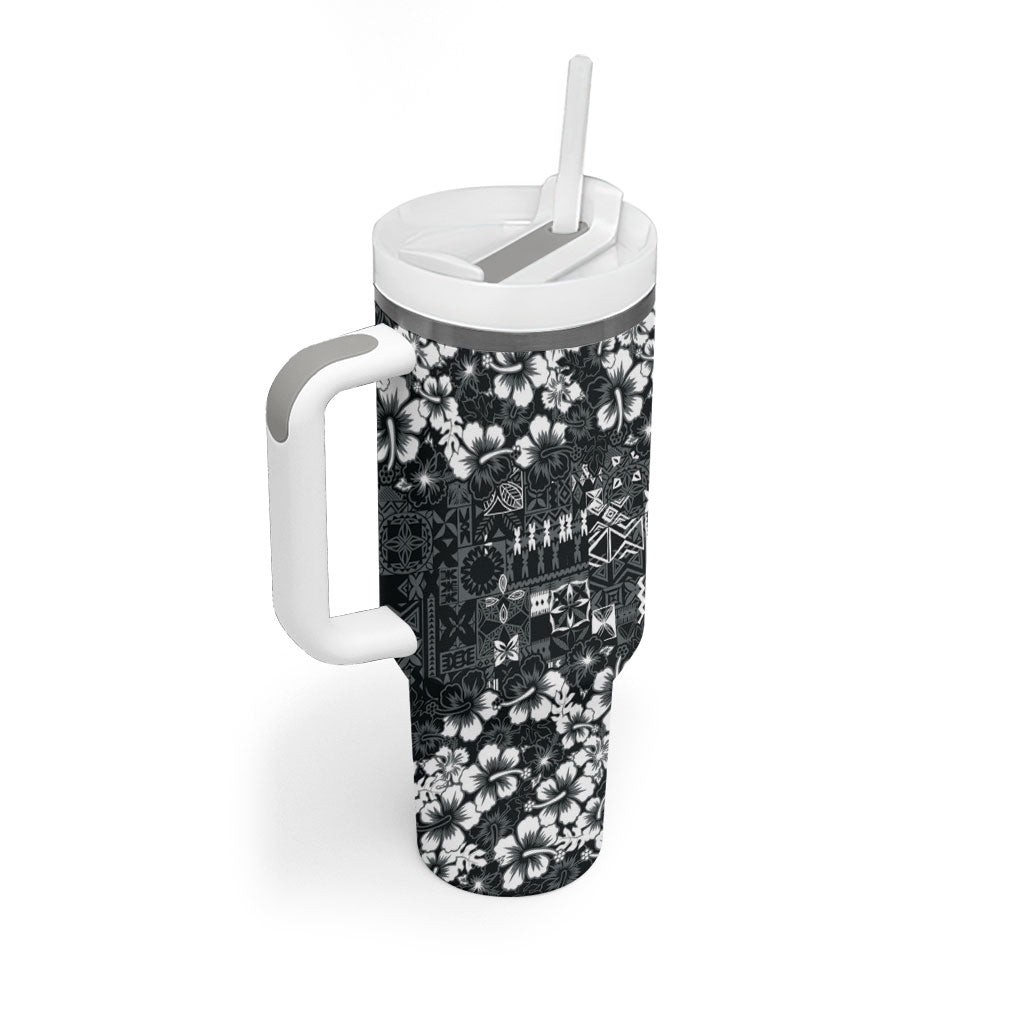 Black Hawaiian Tapa Tribal Hibiscus Tumbler With Handle