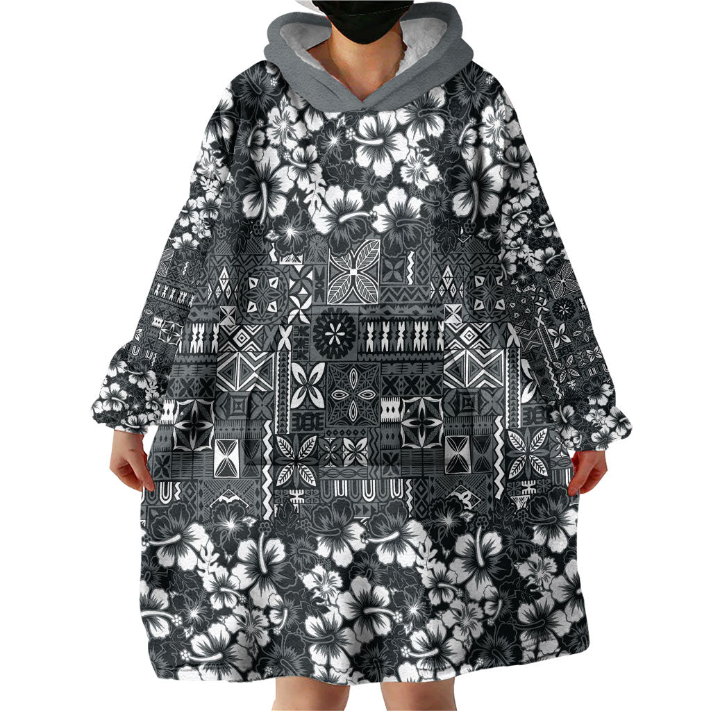 Black Hawaiian Tapa Tribal Hibiscus Wearable Blanket Hoodie