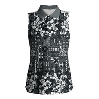 Black Hawaiian Tapa Tribal Hibiscus Women Sleeveless Polo Shirt