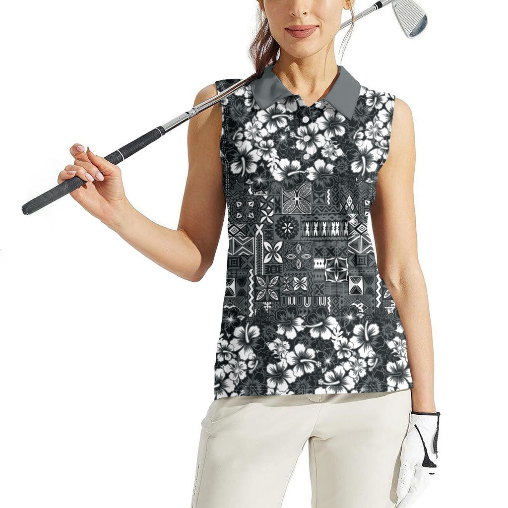 Black Hawaiian Tapa Tribal Hibiscus Women Sleeveless Polo Shirt