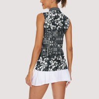 Black Hawaiian Tapa Tribal Hibiscus Women Sleeveless Polo Shirt