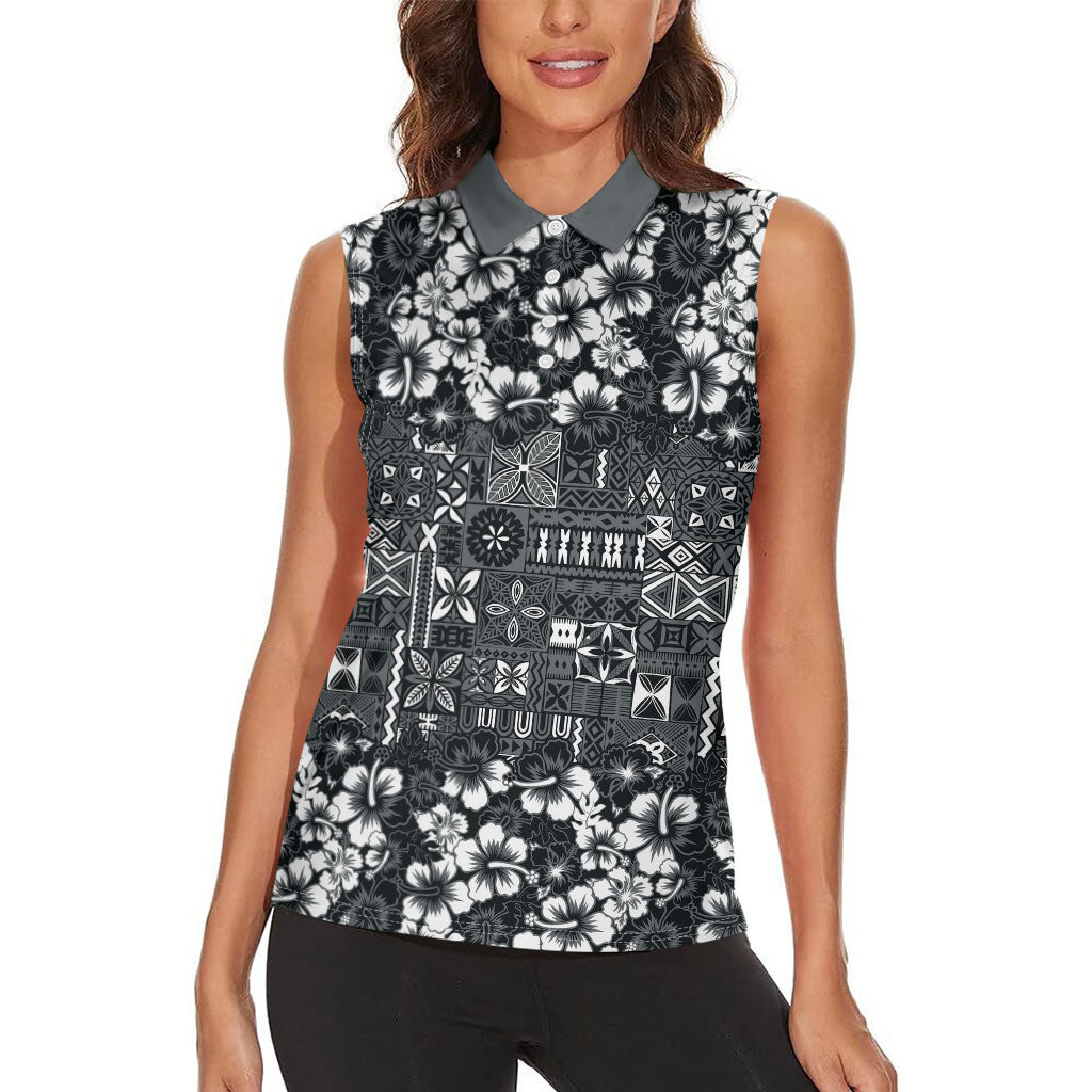 Black Hawaiian Tapa Tribal Hibiscus Women Sleeveless Polo Shirt