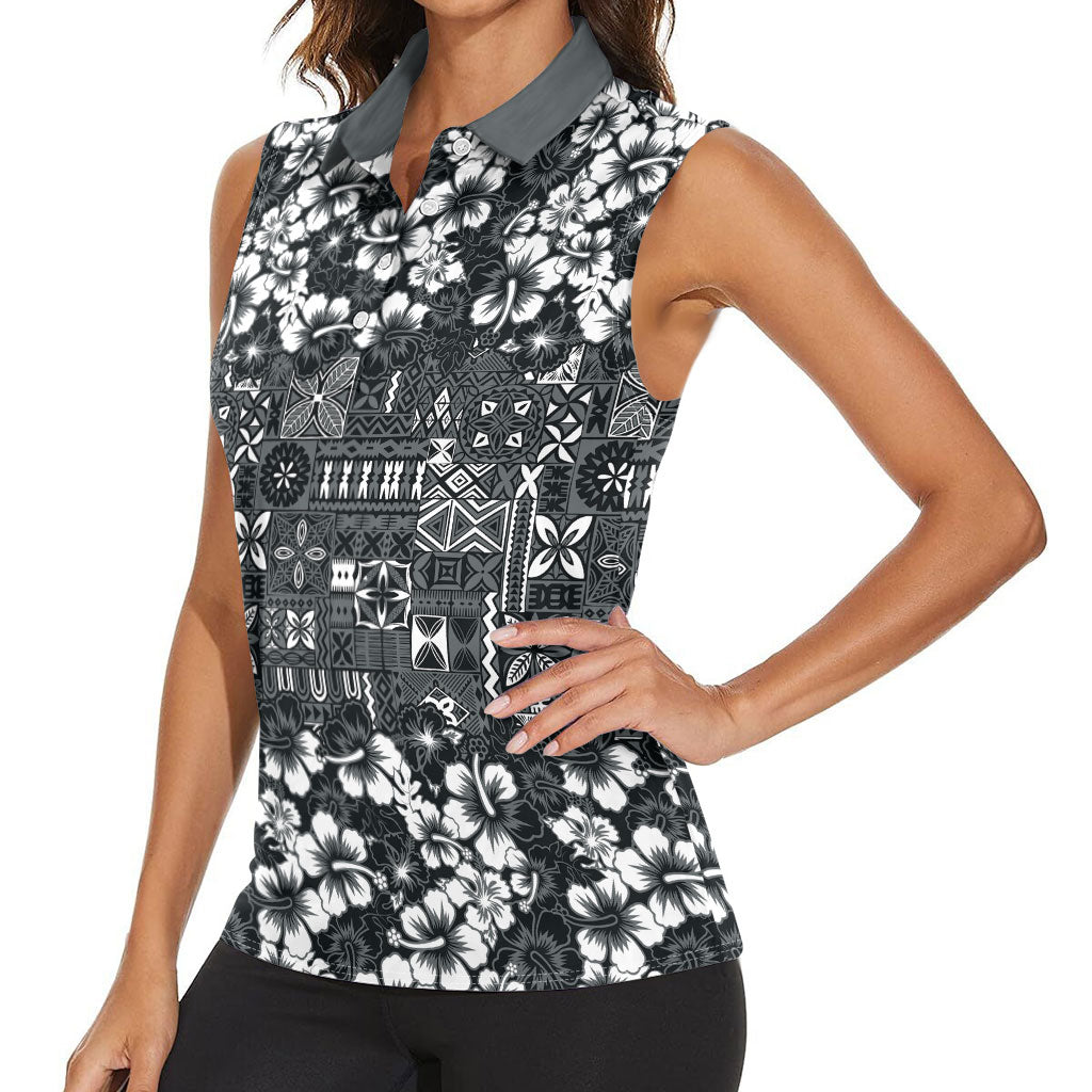 Black Hawaiian Tapa Tribal Hibiscus Women Sleeveless Polo Shirt