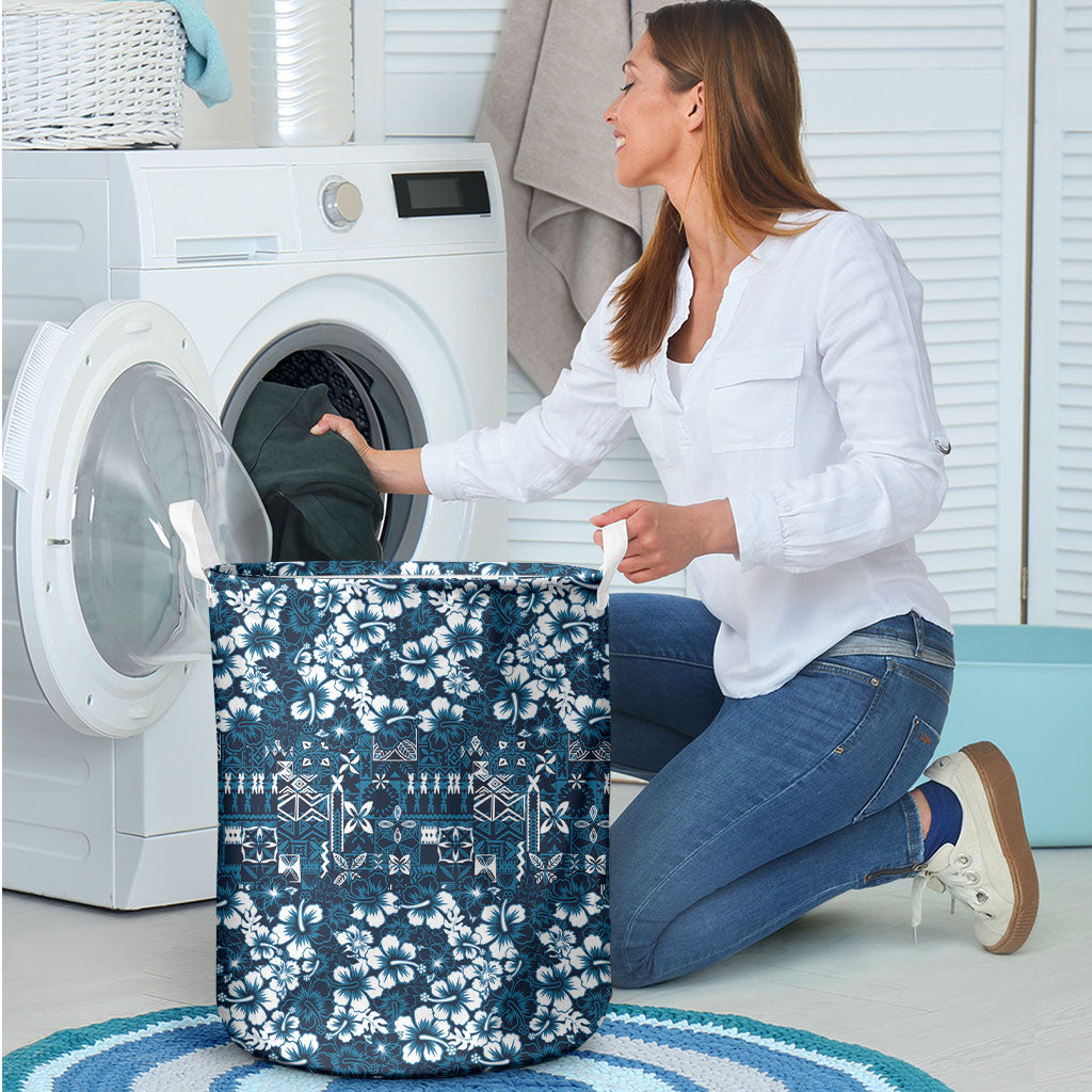 Blue Hawaiian Tapa Tribal Hibiscus Laundry Basket