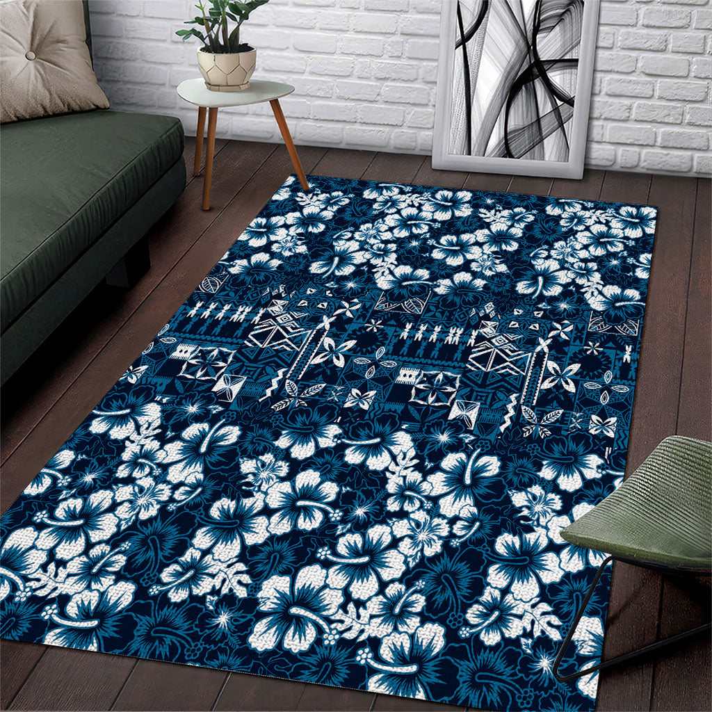Blue Hawaiian Tapa Tribal Hibiscus Area Rug