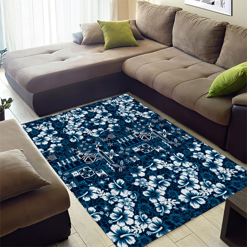 Blue Hawaiian Tapa Tribal Hibiscus Area Rug