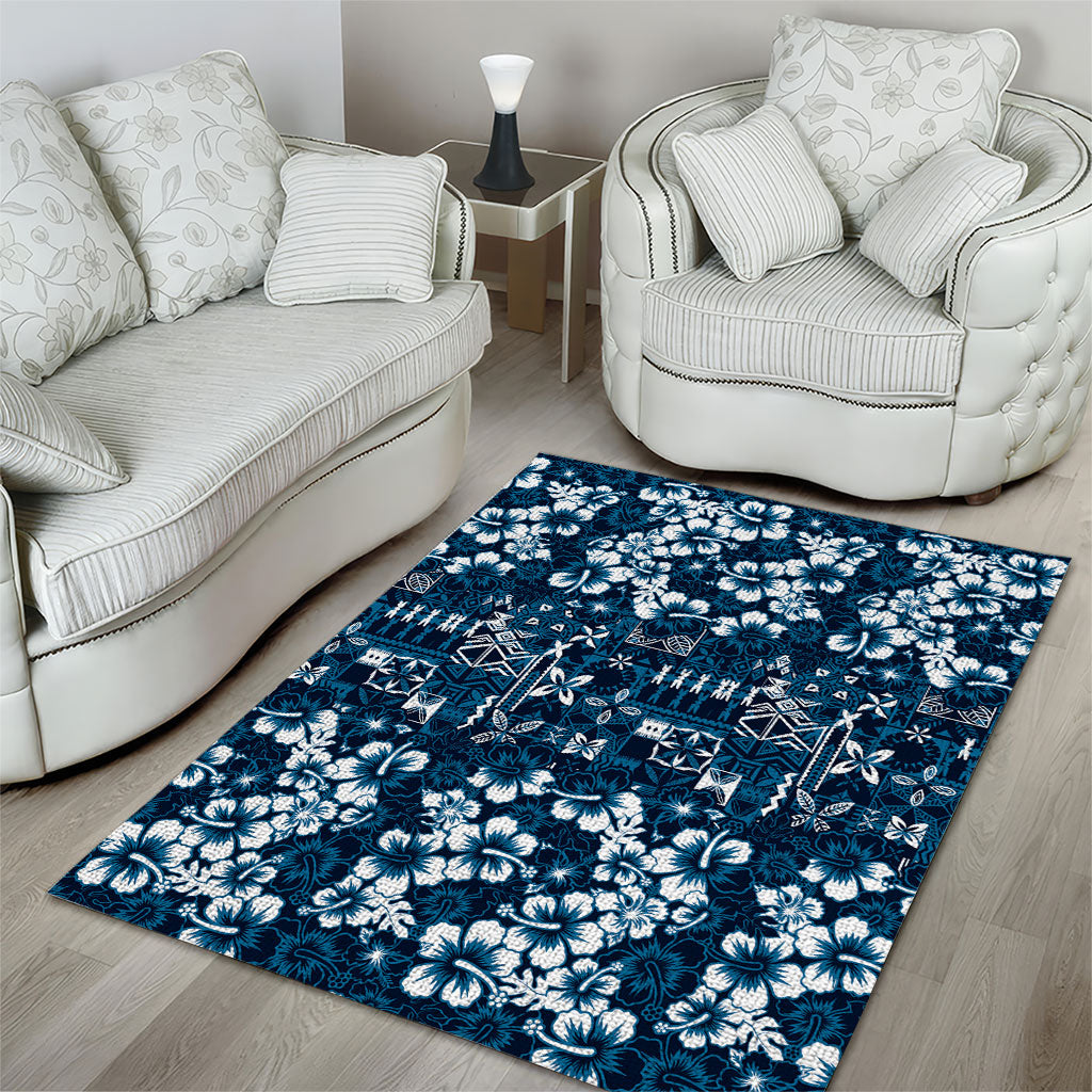 Blue Hawaiian Tapa Tribal Hibiscus Area Rug