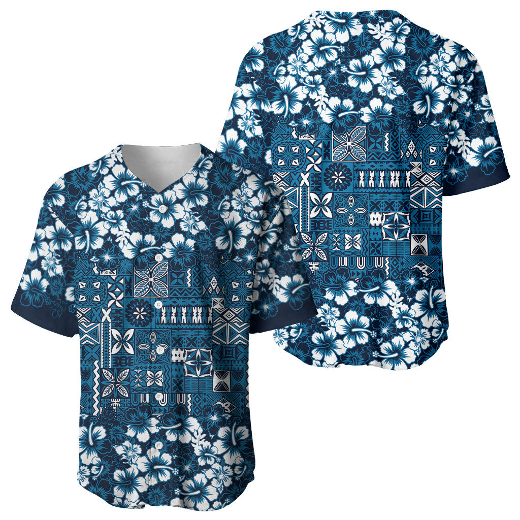 Blue Hawaiian Tapa Tribal Hibiscus Baseball Jersey