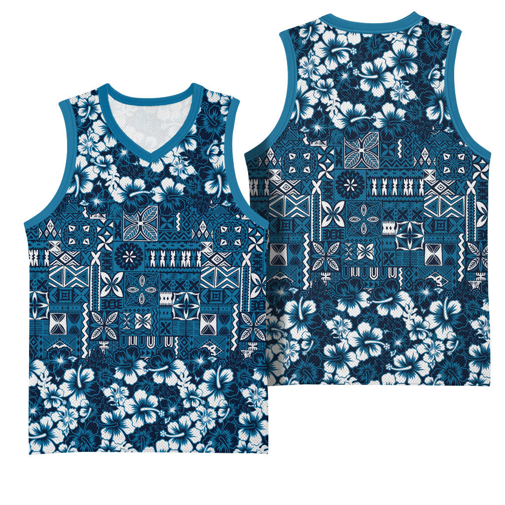 Blue Hawaiian Tapa Tribal Hibiscus Basketball Jersey
