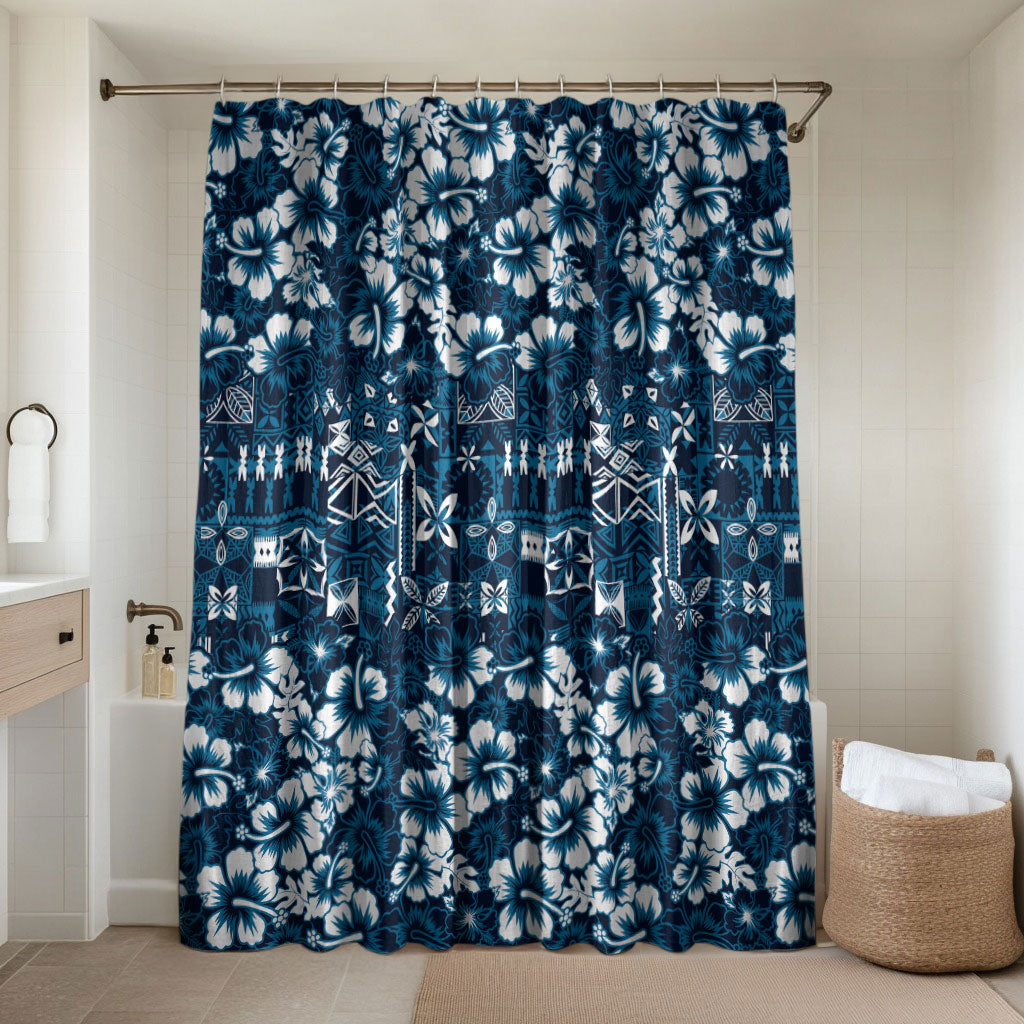 Blue Hawaiian Tapa Tribal Hibiscus Bathroom Set