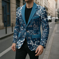 Blue Hawaiian Tapa Tribal Hibiscus Blazer