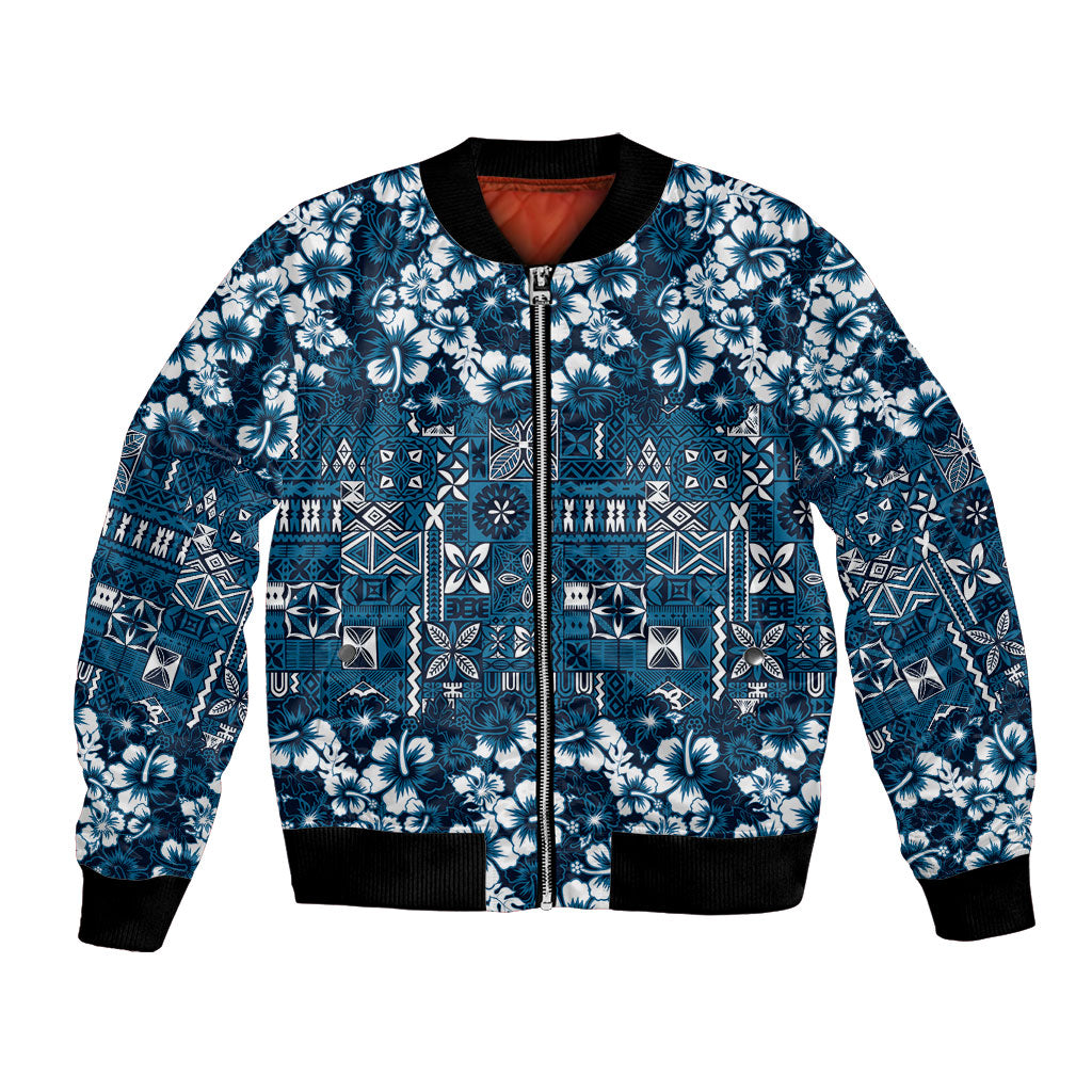 Blue Hawaiian Tapa Tribal Hibiscus Bomber Jacket