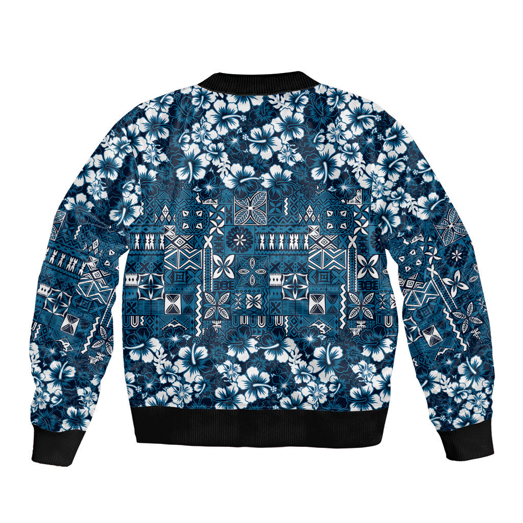 Blue Hawaiian Tapa Tribal Hibiscus Bomber Jacket