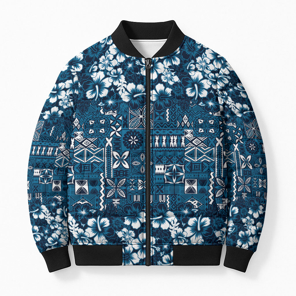 Blue Hawaiian Tapa Tribal Hibiscus Bomber Puffer Jacket