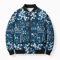 Blue Hawaiian Tapa Tribal Hibiscus Bomber Puffer Jacket