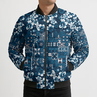 Blue Hawaiian Tapa Tribal Hibiscus Bomber Puffer Jacket