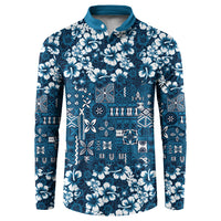 Blue Hawaiian Tapa Tribal Hibiscus Button Sweatshirt