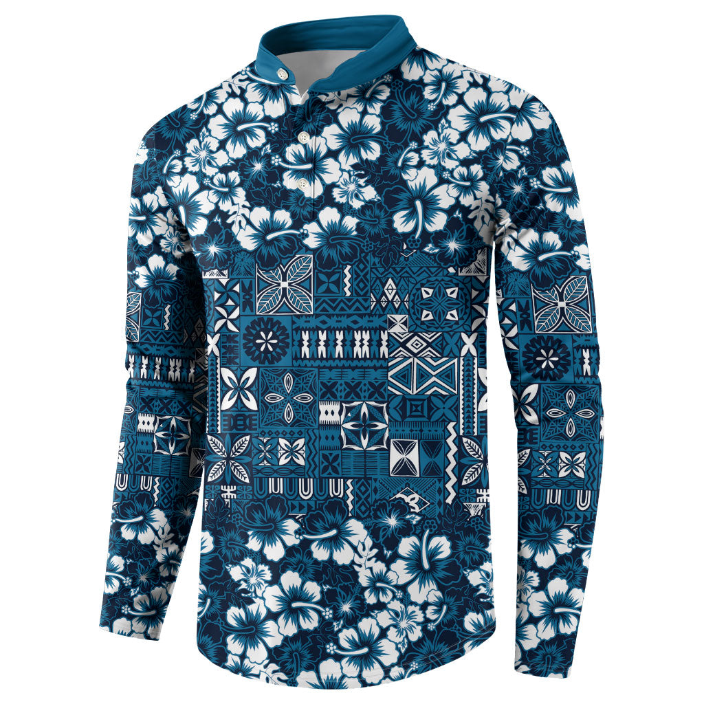 Blue Hawaiian Tapa Tribal Hibiscus Button Sweatshirt