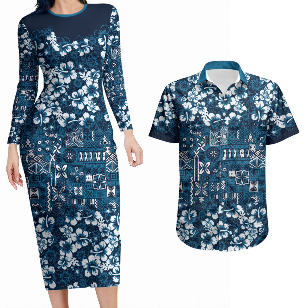 Blue Hawaiian Tapa Tribal Hibiscus Couples Matching Long Sleeve Bodycon Dress and Hawaiian Shirt