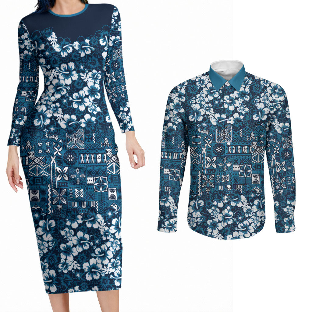 Blue Hawaiian Tapa Tribal Hibiscus Couples Matching Long Sleeve Bodycon Dress and Long Sleeve Button Shirt