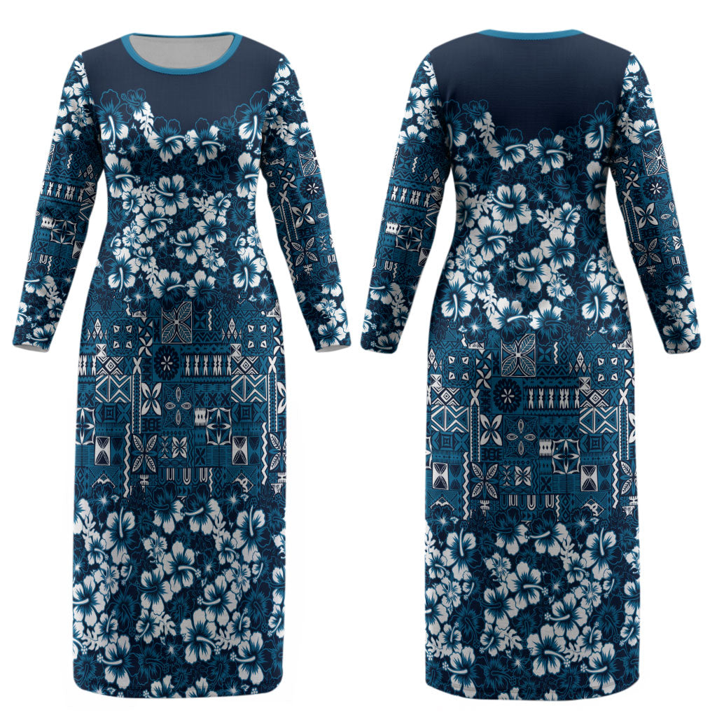 Blue Hawaiian Tapa Tribal Hibiscus Couples Matching Long Sleeve Bodycon Dress and Long Sleeve Button Shirt