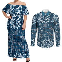 Blue Hawaiian Tapa Tribal Hibiscus Couples Matching Off Shoulder Maxi Dress and Long Sleeve Button Shirt