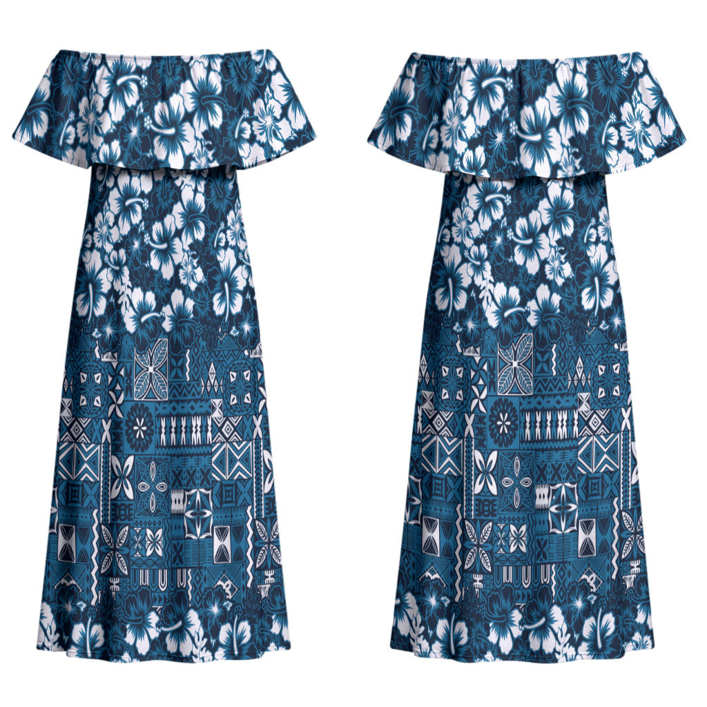 Blue Hawaiian Tapa Tribal Hibiscus Couples Matching Off Shoulder Maxi Dress and Long Sleeve Button Shirt