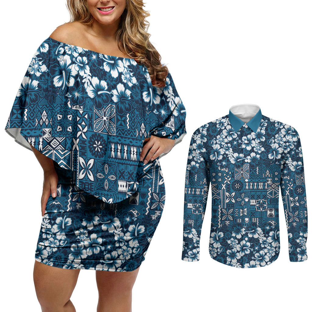 Blue Hawaiian Tapa Tribal Hibiscus Couples Matching Off Shoulder Short Dress and Long Sleeve Button Shirt