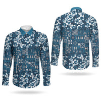 Blue Hawaiian Tapa Tribal Hibiscus Couples Matching Off Shoulder Short Dress and Long Sleeve Button Shirt