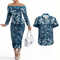 Blue Hawaiian Tapa Tribal Hibiscus Couples Matching Off The Shoulder Long Sleeve Dress and Hawaiian Shirt