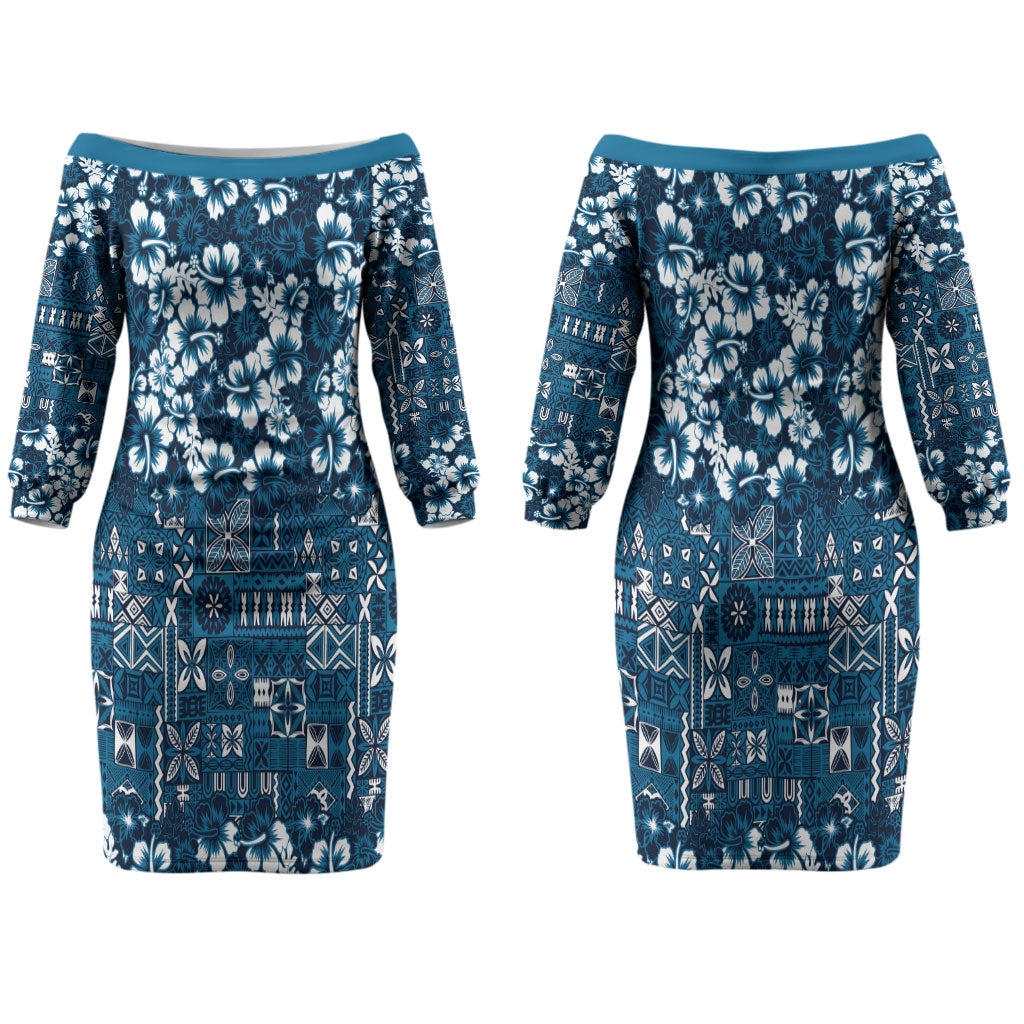 Blue Hawaiian Tapa Tribal Hibiscus Couples Matching Off The Shoulder Long Sleeve Dress and Hawaiian Shirt