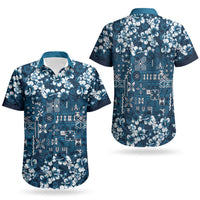 Blue Hawaiian Tapa Tribal Hibiscus Couples Matching Puletasi and Hawaiian Shirt