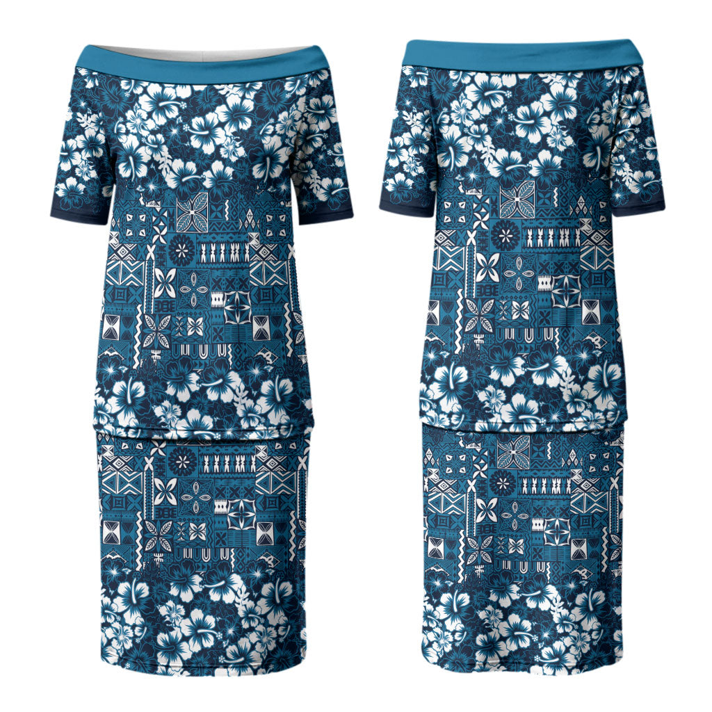 Blue Hawaiian Tapa Tribal Hibiscus Couples Matching Puletasi and Hawaiian Shirt