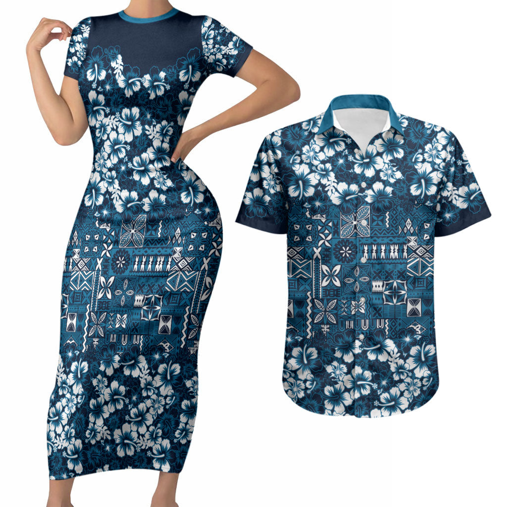 Blue Hawaiian Tapa Tribal Hibiscus Couples Matching Short Sleeve Bodycon Dress and Hawaiian Shirt
