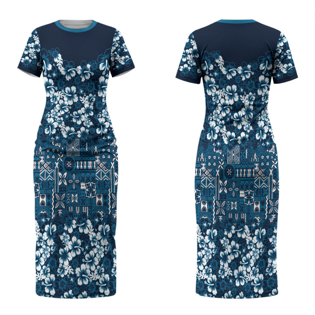Blue Hawaiian Tapa Tribal Hibiscus Couples Matching Short Sleeve Bodycon Dress and Hawaiian Shirt