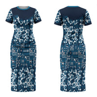 Blue Hawaiian Tapa Tribal Hibiscus Couples Matching Short Sleeve Bodycon Dress and Hawaiian Shirt